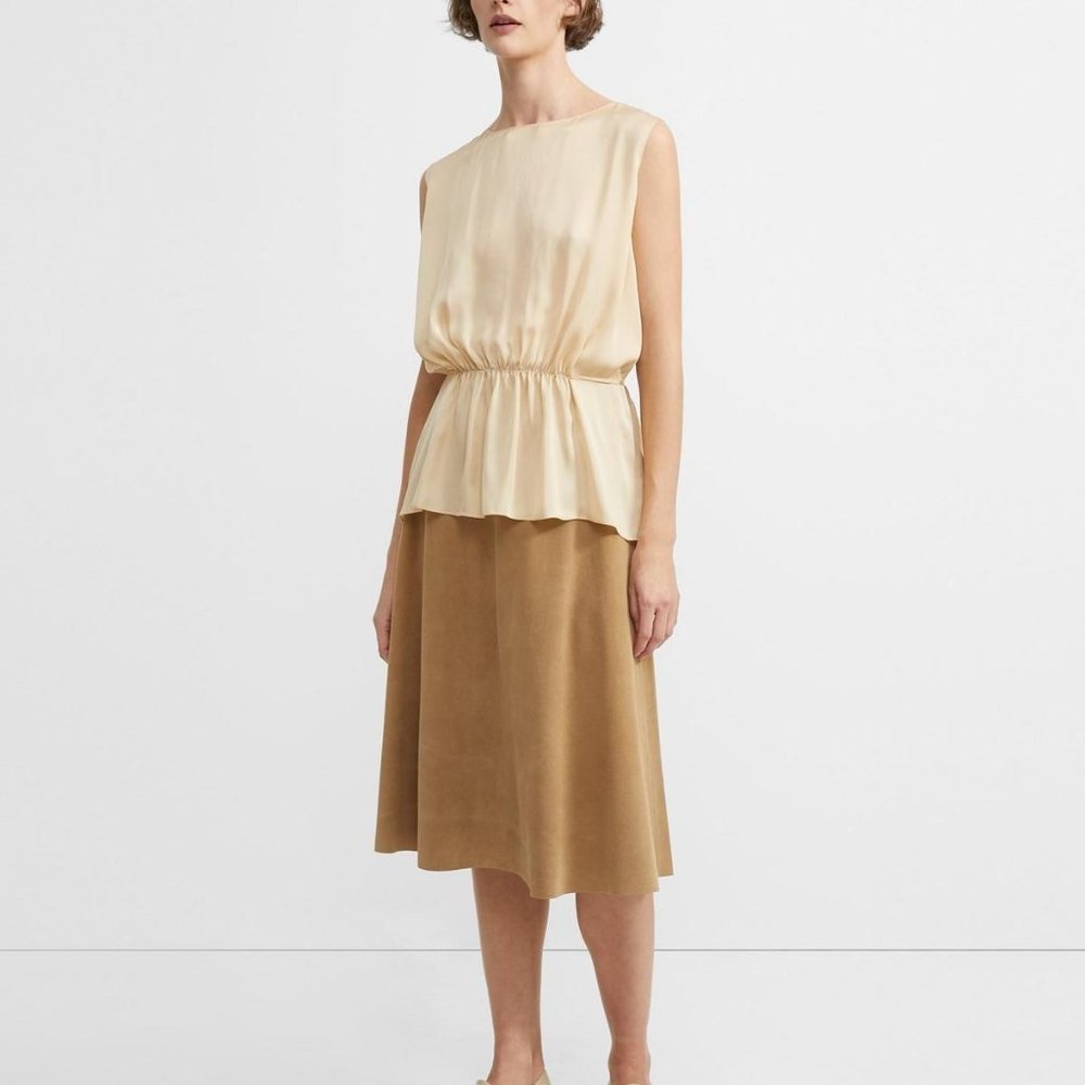 THEORY Shirred Silk Cream Tank Top